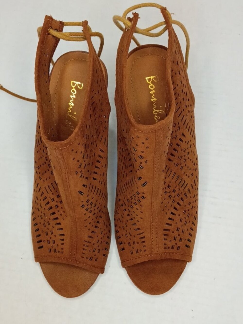 Bonnibel Tan Laser Cut Peep Toe Heeled Booties Women's Size 6.5